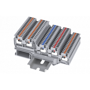 Клемма для датчиков TPI01.5-S-4-LG, Клемма для подключения датчиков, +/-/сигнал, зеленый светодиод, 4 точки подключения, тип фиксации провода: Push-in, номинальное сечение: 1,5 мм кв., 13,5A, 250V, ширина: 3,5 мм, цвет: серый, тип монтажа: DIN35