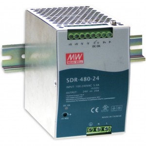 SDR-480-24, Преобразователь AC-DC на DIN-рейку  480Вт, выход 24В/0...20A, рег.вых=24...28В, вход 90…264VAC, 47…63Гц / 127…370VDC, изоляция 3000V AC, в кожухе : 85.5х125.2х128.5мм, -25…+70°С