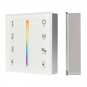 Панель Sens SMART-P55-MULTI White (3V, 4 зоны, 2.4G) 028309, Накладная сенсорная панель 2.4 ГГц, цвет белый. Материал - стекло. Для управления RGB+MIX (5-канальными) источниками света (ШИМ), 4 зоны управления. Питание/рабочее напряжение 3VDC от 2xAAA. Габариты 86х86х21 мм. Панель совместима с контроллерами серии SM