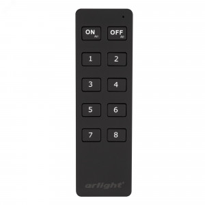Пульт SMART-R8-DIM (8 зон, 2.4G) 023029, Кнопочный радиопульт 2.4 ГГц черного цвета для управления одноцветным (DIM) источником света. 8 зон управления, управление яркостью с помощью кнопок. Питание 3VDC (CR2032). Габариты 135x40x11 мм. Управляет контроллерами и панелями серии SMART (поставляютс