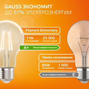 Лампа светодиодная филаментная LED 11 Вт 910 лм 2700К А60 груша теплый E27 AC 220В прозрачная колба Elementary 22211