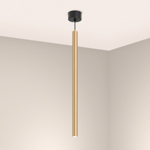 Светильник SP-PIPE-HANG-L600-R30-9W Day4000 (GD, 24 deg, 230V) 038643, Подвесной светильник. Мощность 9 Вт, св. поток 561 лм, 64 лм/Вт, дневной 4000 K, CRI>90, угол 24°, напряжение питания 230 В. Золотой круглый корпус из алюминия, рассеиватель PC, степень защиты IP20. Размер: диаметр 30 мм, длина 600 мм, размер чаши: диамет