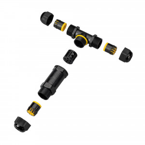 Коннектор NEO-GERM-5pin-T-WTW (4-8mm) 030760, Коннектор пластиковый Т-образный пятиконтактный для соединения проводов диаметром 4-8 мм, сечением 0,5-4 мм2. Номинальный ток 24 А. Номинальное напряжение 450 В. Цвет черный. Степень защиты IP68. Рабочая температура -20 +80°С. Подключение питания без пайк