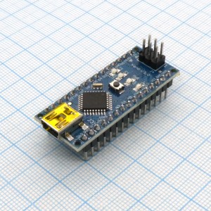 A06-Контроллер Arduino Nano, функциональный аналог Arduino Uno, но размещенный на миниатюрной плате. Arduino Nano удобно использовать в качестве встраиваемого модуля в свои устройства.