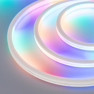 DMX MOONLIGHT-5000S-TOP-5060-84-24V RGB, Гибкая герметичная лента (неон серии MOONLIGHT), сечение 13?12 мм. Светодиоды SMD5060 84 шт/м. Цвет свечения RGB, входной сигнал DMX512 (микросхема UCS512B3, 12 пикселей/метр), 3 канала управления, угол излучения 120°. Мощность 18 Вт/м, питание 24 В. Клас