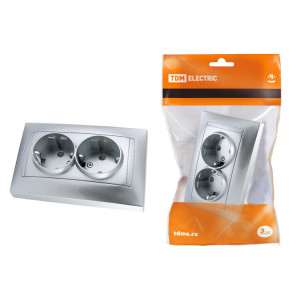 Розетка двойная 2П+З 16А 250В с защ. шт. серебр. металлик "Лама" SQ1815-0213