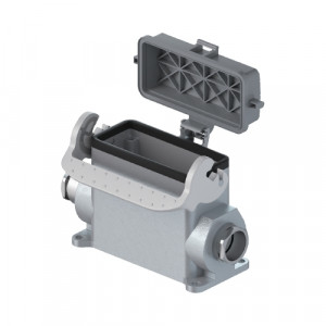 Закрытое основание разъема BAS GUT GR 16HM32 A0, Основание разъема на панель, закрытое, типоразмер 16B, высокое исполнение, с уплотнителем, 2 кабельных ввода M32x1,5, IP54, с одной защелкой, с защитной крышкой, материал корпуса: алюминиевый сплав