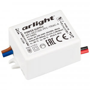 Блок питания ARJ-KE21300-PFC-TRIAC-A (6.3W, 300mA) 028276, Диммируемый источник тока по стандарту TRIAC с гальванической развязкой для светильников и мощных светодиодов. Входное напряжение 220-240 VAC. Выходные параметры: 13-21 В, 300 mА, 6.3 Вт. Встроенный PFC >0,9. Негерметичный пластиковый корпус IP 44. Габари