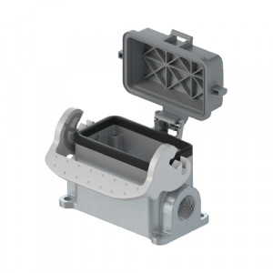 Закрытое основание разъема BAS GUT GR 10 M20 69 A1, Основание разъема на панель, закрытое, типоразмер 10B, с уплотнителем, 2 отверстия с резьбой для кабельных вводов M20x1,5, без защелок (упоры для двух защелок), с защитной крышкой, материал корпуса: алюминиевый сплав