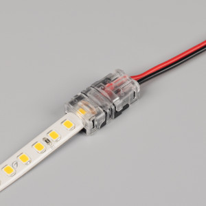 Коннектор HIP-GERM-MONO-8-2pin-STW 031959, Одиночный коннектор (без провода) для подключения питания к одноцветным герметичным (IP54/IP65) лентам SE (заливка силиконом сверху) шириной 8 мм. Очистка провода питания (0,34-0,75 мм2) от изоляции не требуется. Материал - пластик. Максимальный допустимы