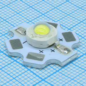 Мощный светодиод ARPL-Star-1W-EPS33 White 019589, Мощный светодиод на плате типа STAR, d=20 мм, h=8 мм. Чип EPISTAR 33 mil, прозрачная линза. Цвет свечения белый (6000-6500 К). Угол излучения 120-140°. Световой поток 110-130 лм при If=350 мА, P=1 Вт. VF=3.0-3.4 В.