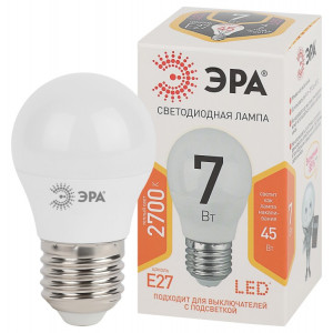 Лампочка светодиодная ЭРА STD LED P45-7W-827-E27 E27 / Е27 7Вт шар теплый белый свет(кр.1шт) [Б0020550]