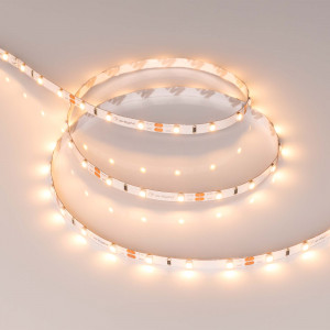 Лента RT-A60-5mm 12V Warm2400 (4.8 W/m, IP20, 2835, 5m) 028616(2), Светодиодная узкая лента RT-A60, открытая. Светодиоды 2835, 60 шт/м (300 шт на 5 м), белая плата, ширина 5 мм, скотч 3M. Цвет ТЁПЛЫЙ 2400 K, цветопередача CRI>85, угол 120°. Питание 12V, мощность 4.8 Вт/м (24 Вт на 5 м). Размеры 5000x5x1.5 мм. Мин. отрезо