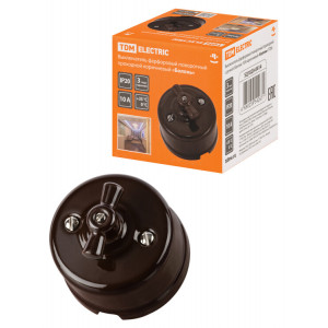 Выключатель фарфоровый поворотный проходной с ручкой (бантик) 10А коричневый «Болонь» SQ1820-0414