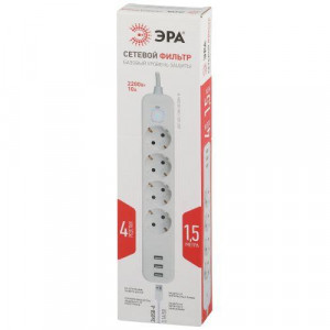 Удлинитель с сетевым фильтром 4х1.5м с заземл. 10А USF-4es-1.5m-3xUSBA-W +3xUSBA 3.1A с выкл. с базов. защитой Б0059567