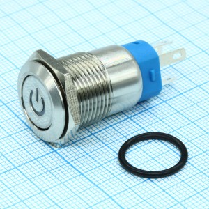 A16-C4-B-P с синей подсветкой, Кнопка антивандальная d16 3A 250B б/фикс (5c) (ON)-OFF плоская 12В подсв/синяя POWER