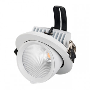 Светильник LTD-EXPLORER-R130-20W Warm3000 (WH, 38 deg) 024031, Встраиваемый поворотно-выдвижной светильник. Мощность 20 Вт, св. поток 1600-1800 лм, 80-90 лм/Вт, теплый 3000 K, CRI>90, угол 38°, напряжение питания 230 В. Белый круглый корпус из алюминия, экран стекло, степень защиты IP20. Угол поворота 350°
