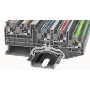 Клемма для датчиков DSIO1.5/4-PE-01P-1C-00Z(H), Клемма для подключения датчиков, с заземлением, тип фиксации провода: Push-in, номинальное сечение: 1,5 мм кв., 13,5A, 250V, ширина: 3,5 мм, цвет: серый, тип монтажа: DIN35, втычная перемычка,