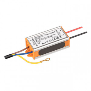 Блок питания ARPJ-SN-24500 (12W, 12-24V, 500mA) 045399, Источник тока с гальванической развязкой для уличных светильников и мощных светодиодов. Входное напряжение 100-240 VAC. Выходные параметры: 12-24 В, 500 mА, 12 Вт. PF >0.5. Герметичный металлический корпус IP 65. Габаритные размеры длина 68 мм, ширина 30