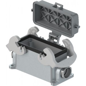 Закрытое основание разъема 72.340.1635.0, Основание разъема на панель, закрытое, типоразмер 16B, с уплотнителем, 2 кабельных ввода M25x1,5, IP54, без защелок (упоры для двух защелок), с защитной крышкой, материал корпуса: алюминиевый сплав