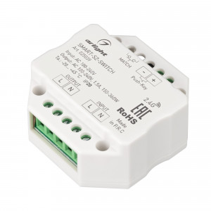 Контроллер-выключатель SMART-S2-SWITCH (230V, 1.5A, 2.4G) 025039, Выключатель с RF управлением. Управляется пультами и панелями серии SMART. Питание 100-240VAC, макс.ток 1.5А. Габариты: 52x52x26 мм.