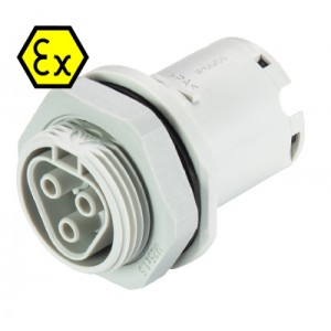 Разъем RST20I3FXB2 M01 GL, Взрывозащищенный розеточный разъем в панель, М25, IP68(69k), 3 полюса, пружинная фиксация провода, номинальные характеристики: 250/400V, 20A, цвет: белый, серия RST Ex