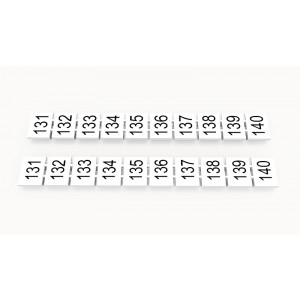 Маркировка (в кассетах) ZB8-10P-19-131Z(H), Кассета с маркировочными шильдиками, для клемм сечением 6 мм.кв., верхняя, 10 шильдиков, нанесенные символы: 131...140, с горизонтальным расположением, размер шильдика: 7,45 x 10,7 мм, цвет: белый