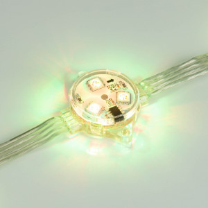 Модуль управляемый DMX-B3-D30 12V RGB (0.72W, IP68, 140 deg) 036772, Управляемый светодиодный модуль DMX, RGB, микросхема DMX512 (UCS512), напряжение 12 В, мощность 0.72 Вт, 3 светодиода SMD 5060, угол 140°. Создание медиафасадов, 20 шт на проводе, расстояние между центрами модулей 100 мм, длина провода между модулями 60 м