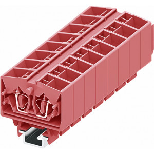 Проходная клемма (MINI) 254399, Проходная клемма, MINI, верхний подвод кабеля, 4 точки подключения, тип фиксации провода: пружинный, номинальное сечение: 2,5 мм кв., 24A, 800V, ширина: 10 мм, цвет: розовый, тип монтажа: DIN15