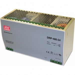 DRP-480-24, Преобразователь AC-DC на DIN-рейку  480Вт, выход 24В/0…20A, рег. вых=24…28V, вход 180…264В AC, 47…63Гц /250…370В DC, изоляция 3000В AC, в кожухе  227х125.2х100мм, -20…+70°С