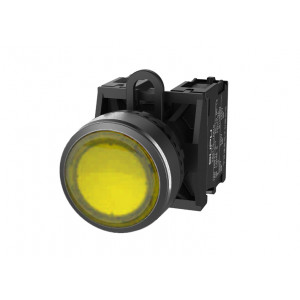 Кнопка плоская (желтая) TS2011-0AM30, Кнопка круглая плоская, без блокировки, с подсветкой, пластиковое переднее кольцо, без контактной группы, диаметр головки кнопки 29,5 мм, диаметр посадочного отверстия: 22 мм, цвет: желтый