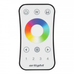 Пульт SMART-R15-RGBW (4 зоны, 2.4G) 022672, Кнопочный радиопульт с сенсорным кольцом 2.4 ГГц белого цвета для управления RGBW источниками света. 4 зоны управления, 4 слота памяти пользовательских настроек, управление цветом с помощью сенсорного кольца. Питание 3VDC (CR2032). Габариты 107x58.5x9 мм.