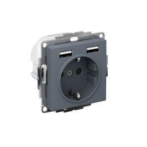 Розетка 1-м СП AtlasDesign 16А IP20 с 2-мя заряд. устройствами USB тип A+A 5В/2.4А 2х5В/1.2А механизм грифель SE ATN000730