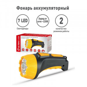 Фонарь аккумуляторный LED3807 7LED 2 режима аккум. SLA 220В пластик. черн./желт. (кор.) 9216
