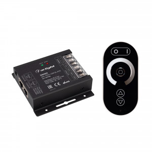 Диммер ARL-OVAL-DIM Black (12-24V, 3x10A, ПДУ Овал, RF, RJ45) 027156, Диммер (овальный черный радиопульт с 5 кнопками и сенсорным кольцом). Управление яркостью с помощью сенсор. кольца, 12-24V, 360-720W, 10A/канал, 3 параллельных канала. Габариты диммера 91x80x24 мм, габариты пульта 114х55х22 мм.