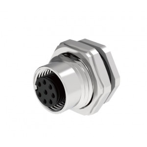 Розеточный разъем в панель M12A08C-FPSRHUR, Розеточный разъем в панель, 8 полюсов, M12, гайка спереди, вывод под пайку, A-Code, 2А, 30V, резьба на гайке M16*1.5, резьбовое соединение: латунь, неэкранированный