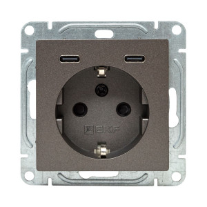 Механизм розетки с USB-C - 2шт, 16А, с заземлением, со шторками, мокко Эпика EKF UP1-SOM-111-2USBC