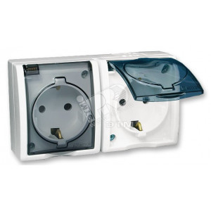 Розетка 2-м ОП 5 16А IP54 250В с заземл. Schuko защ. шторки с крышкой винт. клеммы бел. 1594443-030