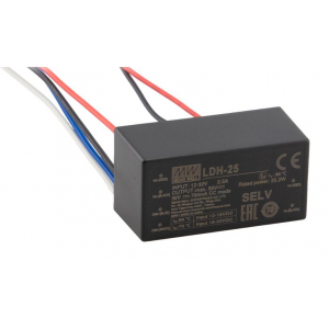 LDH-25-250W, DC/DC LED понижающий, вход 9.5…32В, выход 12.5…84В/0.25А, КПД до 94%, вход DIMM 2 in 1, 52.4x27.2x24мм, проводные выводы, -40…70°C, пластик