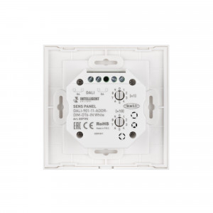 INTELLIGENT ARLIGHT Сенсорная панель DALI-901-11-ADDR-DIM-DT6-IN White (BUS) 037192, Встраиваемая сенсорная панель с выходом DALI. 4 кнопки, 4 адреса. Каждой кнопкой выполняется включение, выключение и диммирование по соответствующему ей адресу. Установка стартового адреса управления выполняется переключателями на корпусе.