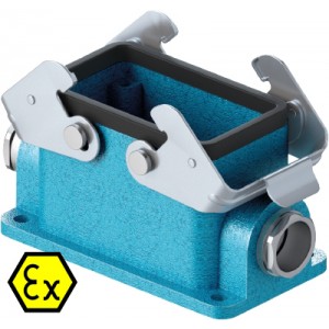 Закрытое основание разъема EX 70.330.1036.0, Основание разъема на панель, закрытое, типоразмер 10B, взрывозащищита, с уплотнителем, 2 кабельных ввода M20x1,5, IP54, с двумя защелками, без защитной крышки, материал корпуса: цинковый сплав