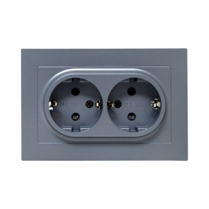 Механизм розетки двойной, 16А, с заземлением, со шторками, с рамкой, графит Эпика EKF UP1-SOG-211