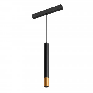 Светильник MAG-SPOT-HANG-25-R30-5W Day4000 (BK-GD, 45 deg, 24V) 034245, Светильник подвесной для магнитных треков шириной 25мм, 5Вт. Цвет свечения ДНЕВНОЙ 4000K, световой поток 300лм, угол 45°, CRI>90. Корпус цилиндрический, металл, цвет черный с золотой вставкой, IP20. Размер светового модуля 30*300 мм; размер установочного