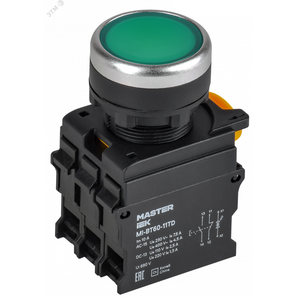 Изображение товара Кнопка с подсвет. и фикс. d=22мм 1NO+1NC зел-ная MASTER IEK MI-BT60-11TD-3-11-K06