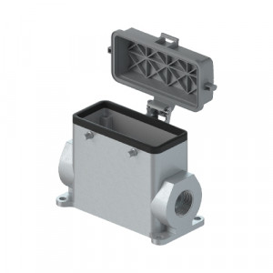 Закрытое основание разъема BAS GUT GH 16HM25 A1, Основание разъема на панель, закрытое, типоразмер 16B, высокое исполнение, с уплотнителем, 1 отверстие с резьбой для кабельных вводов M25x1,5, с правым расположением, без защелок (упоры для двух защелок), с защитной крышкой, материал корпуса: алюминиевый