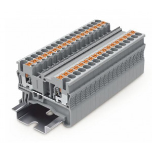 Проходная клемма PTP2.5-2-GY, Проходная клемма, тип фиксации провода: Push-in, номинальное сечение: 2,5 мм кв., 24A, 800V, ширина: 5,2 мм, цвет: серый, тип монтажа: DIN35