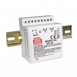 DR-4505, Преобразователь AC-DC на DIN-рейку  45Вт, выход 5В/5A, рег. вых=±10%Uном, вход 85…264V AC, 47…63Гц /120…370В DC, изоляция 3000В AC, в кожухе  78х93х56мм, -10…+50°С