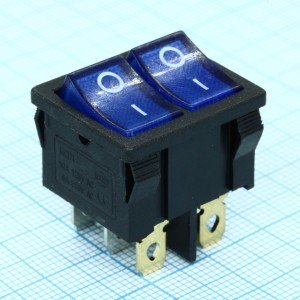 RWB-305 синий, Выключатель клавишный двойной с подсветкой ON-OFF (6c) 6А 250В