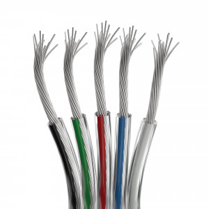Шлейф питания ARL-20AWG-CLEAR-5Wire-CU 034966, Шлейф для питания и управления RGBW светодиодными лентами. 5 проводников, калибр проводника 20AWG, сечение проводника 0.52 мм2, проводник из луженой меди, внешняя оболочка из прозрачного ПВХ. Длина кабеля в бухте — 50 метров