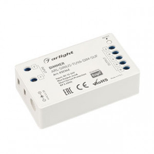 Диммер ARL-SIRIUS-TUYA-DIM-SUF (12-24V, 4x4A, 2.4G) 032342, Диммер для одноцветных светодиодных лент. Питание/рабочее напряжение 12-24VDC, максимальный ток 4A на канал, 4 канала, максимальная мощность 192-384W. Частота ШИМ 1kГц, Wi-Fi 2.4G. Винтовые клеммы. Корпус - PVC. Габариты 70х40х20 мм.